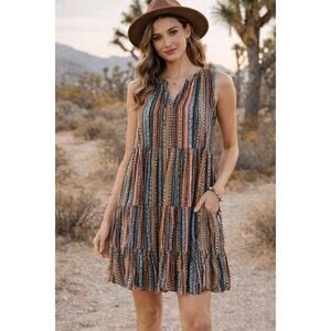 Easel Los Angeles Tiered Mini Dress Womens M Boho Rayon Tribal Print Pockets